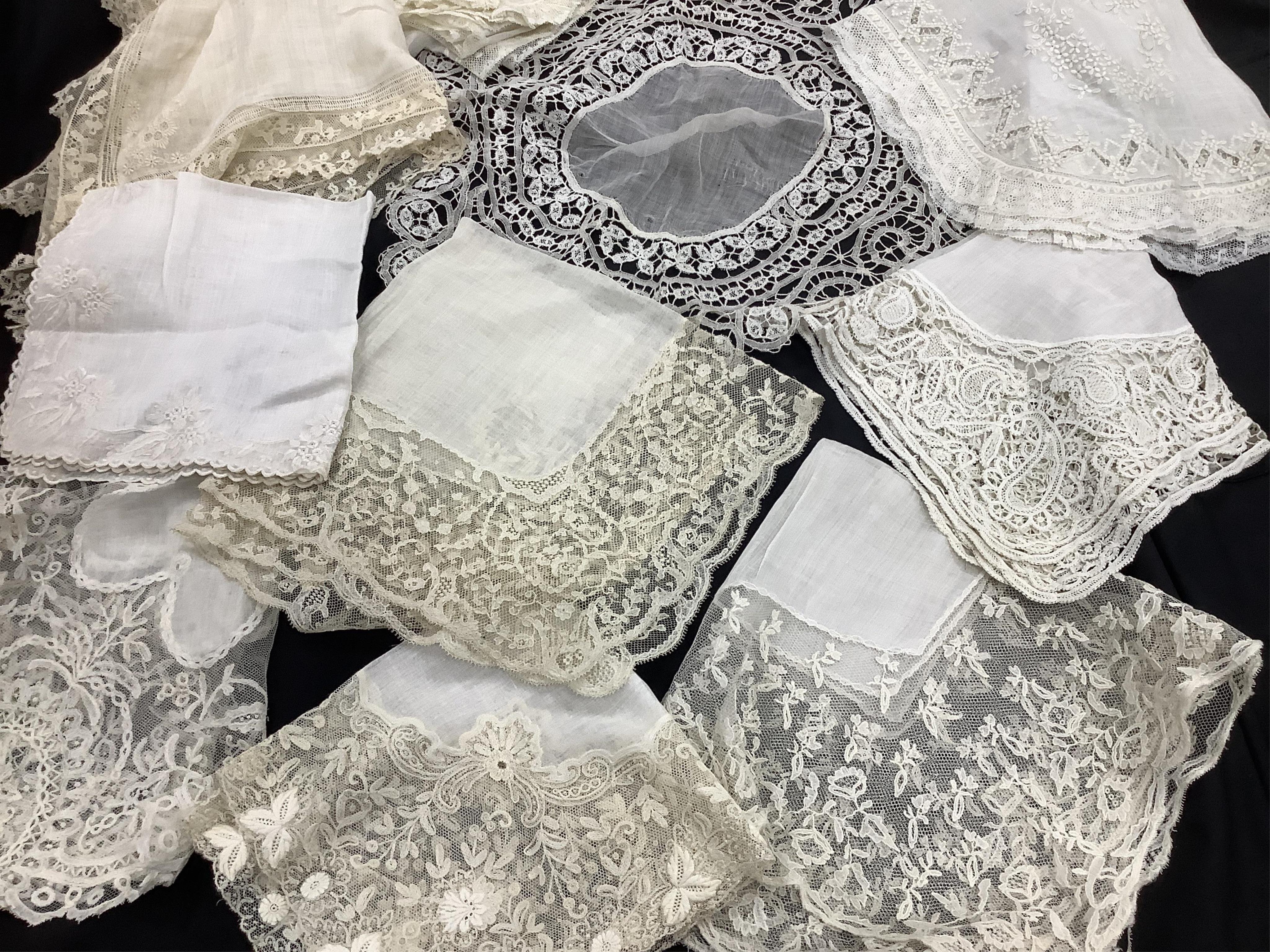 A collection of seventeen mixed late 18th, 19th and early 20th century wedding hankies. Mostly with fine lawn centres, some lace trimmed, white worked or monogram embroidered, together with a needle run on net baby bonne